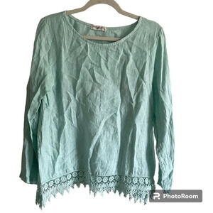 TERZO Millennio 100% Linen Oversized Long Sleeve  Tunic Blouse with Lace Size M